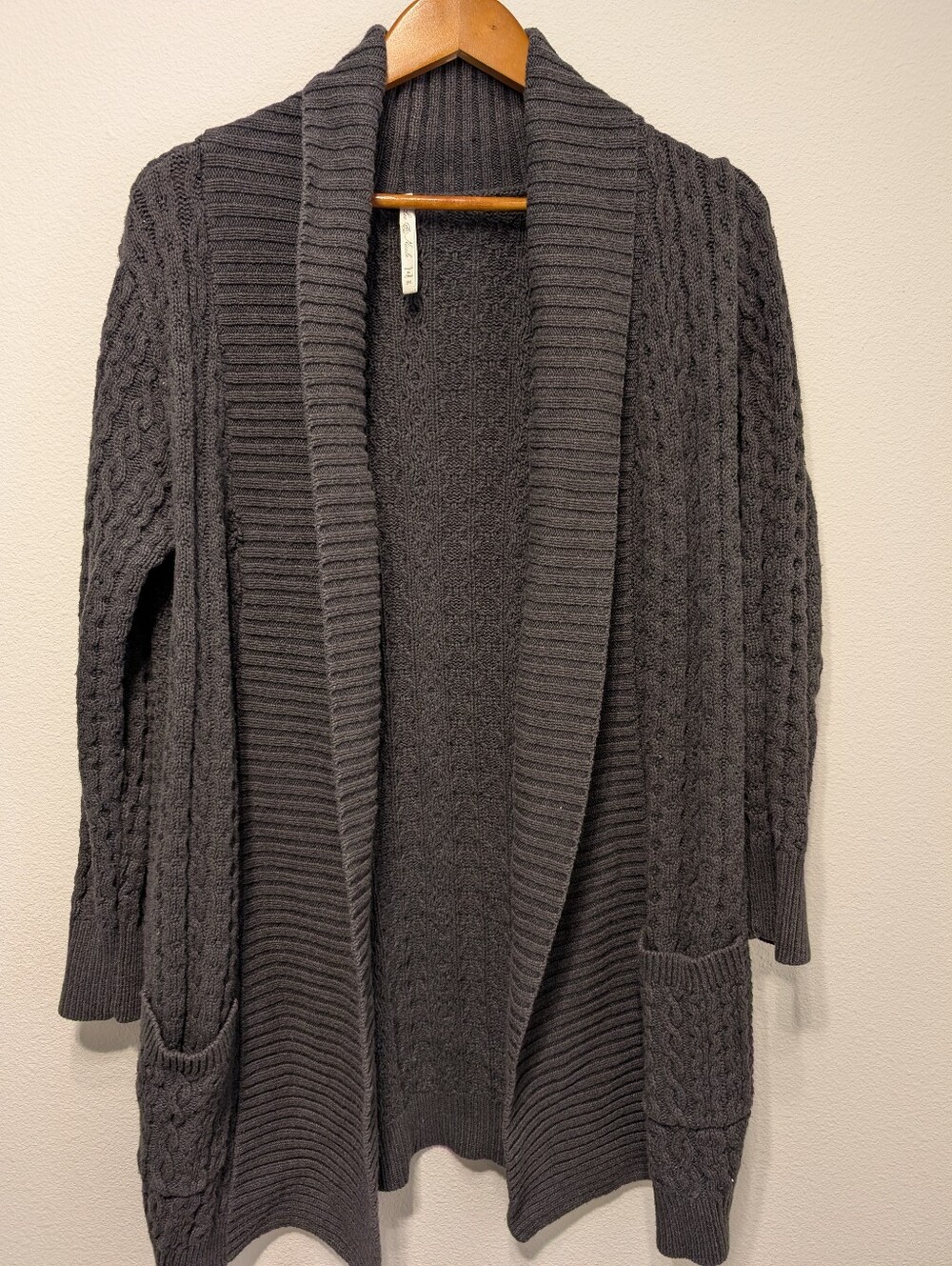 Charcoal Gray Open-Front Cable Knit Cardigan Sweater
